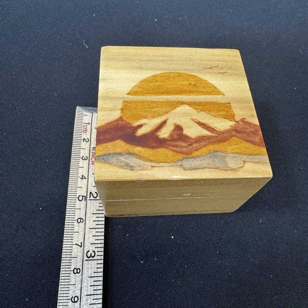 Small Vintage Wooden Box With Sun &‎ Mountain